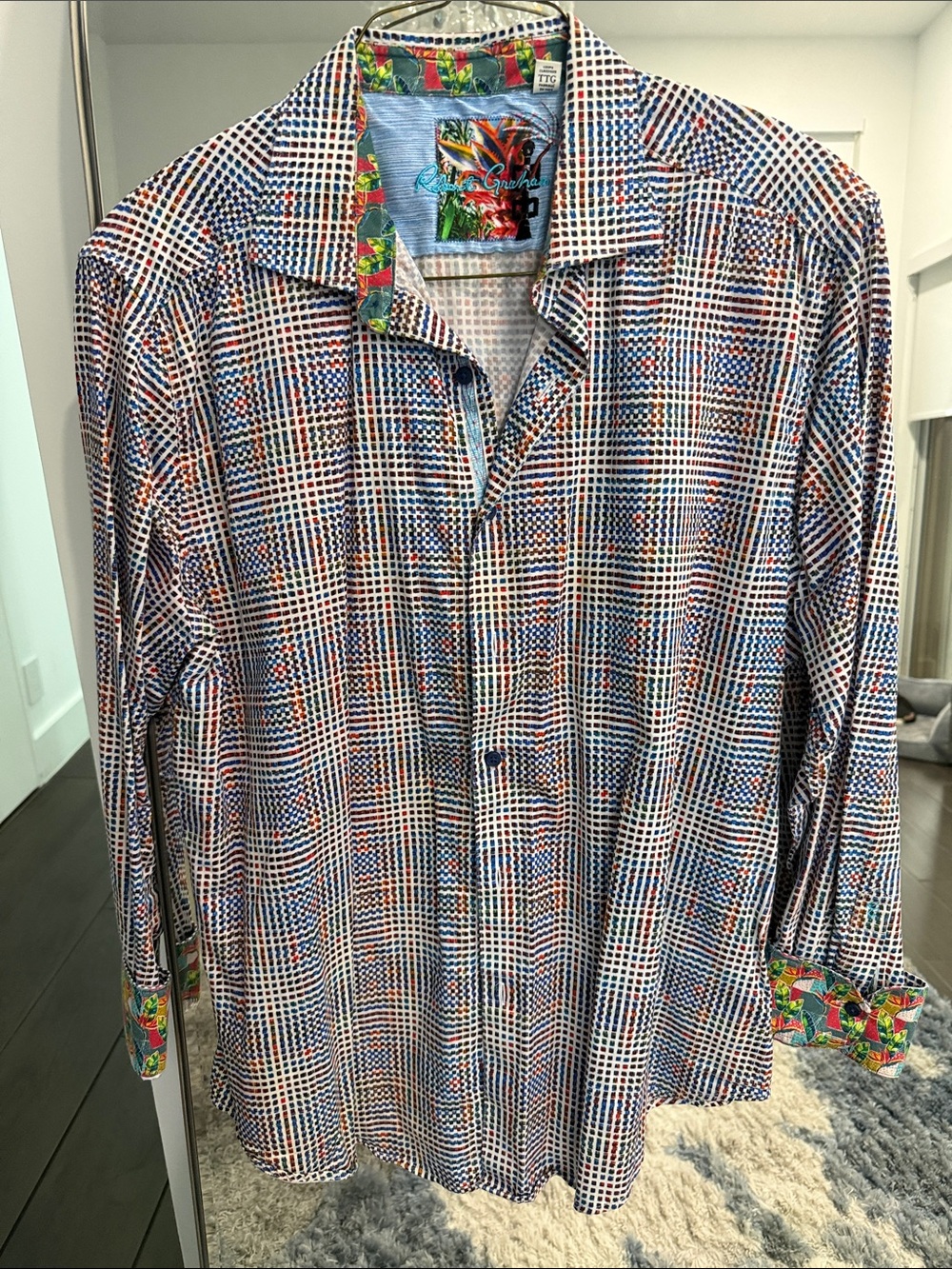 Robert Graham Blue Orange White Grid-Print Button-Down Shirt